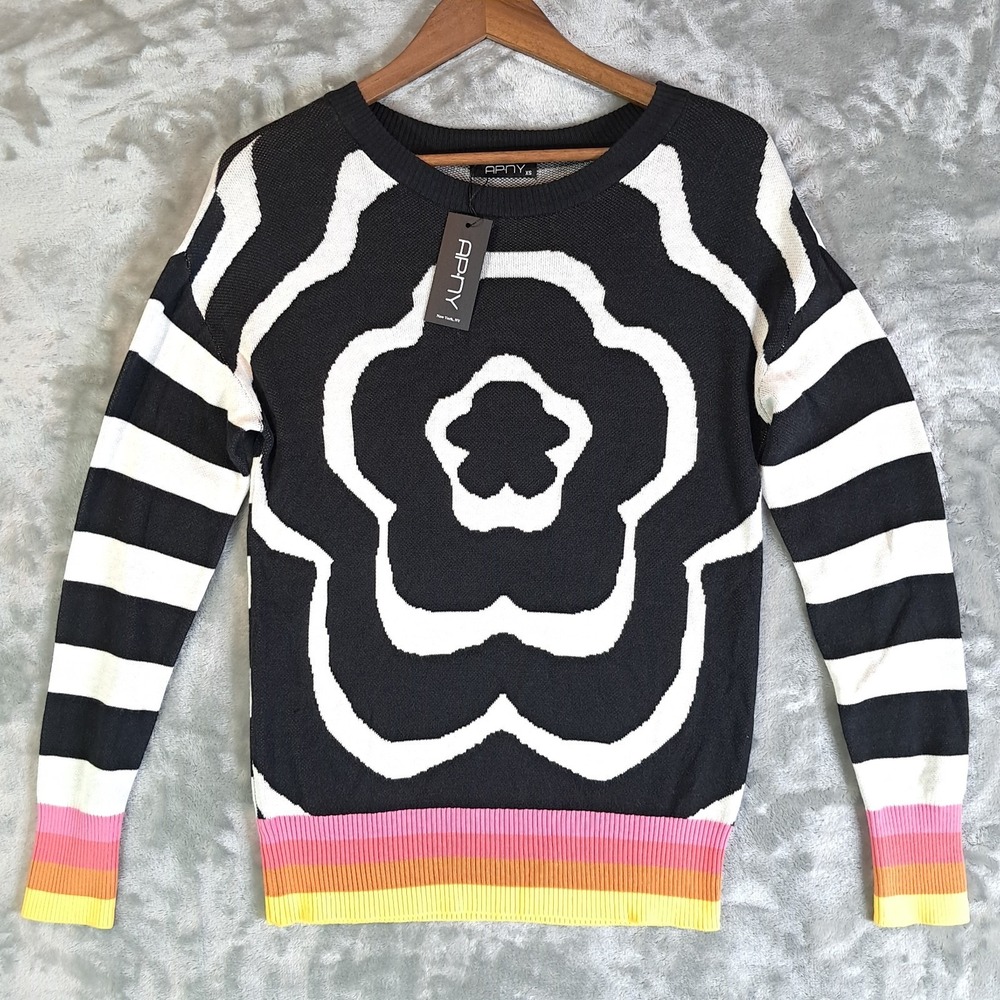 APNY Floral Sweater Rainbow Cuffs Black White Graphic Knit Top Women's XS NWT